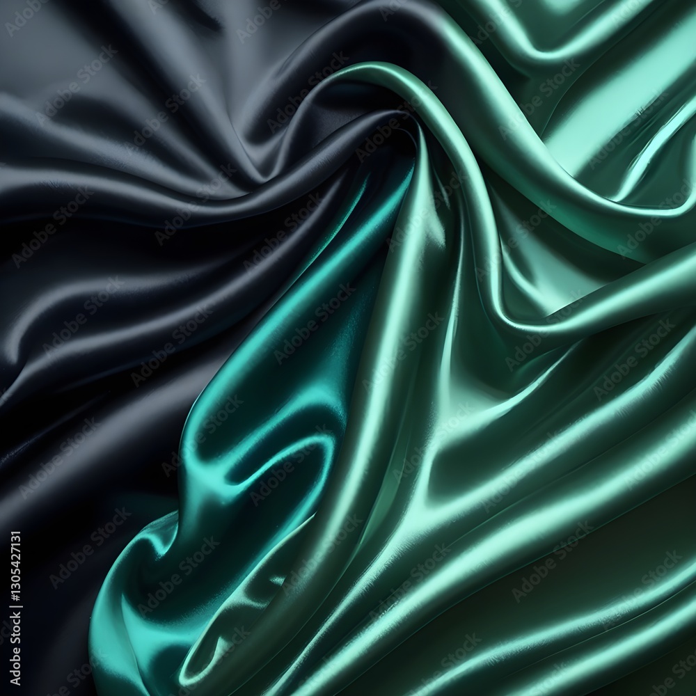 Obraz premium Abstract luxury background featuring a rich blend of black, dark teal, jade, emerald, and sea aventurine green. Smooth, flowing silk satin fabric. 