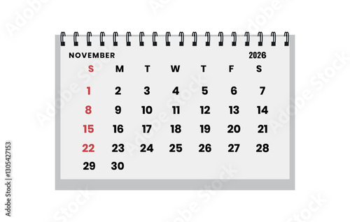 Vector horizontal folding desk calendar November 2026 year. Calendar week starts Sunday. November layout organizer. Calendar template for printing
