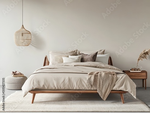Cozy bedroom features a bed with neutral tones and modern design
