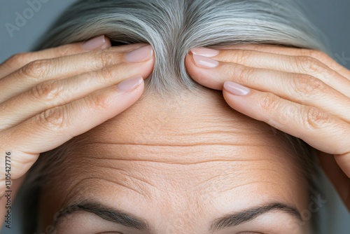 Woman showing gray hair and wrinkles on forehead