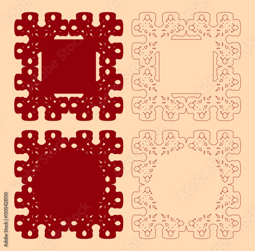 Four ornate square designs. Lace or doilies. Symmetrical patterns. Intricate details. Red and cream color. Contrasting styles. Decorative art. Vintage aesthetic. Isolated elements. Flat vector.
