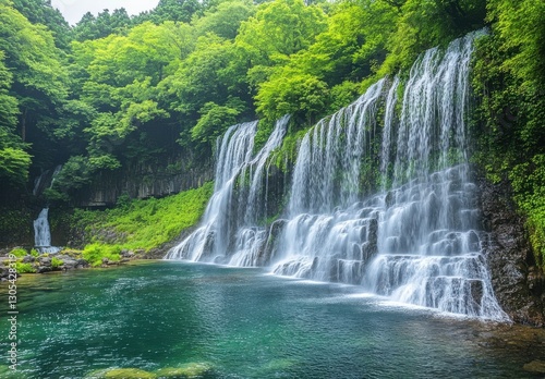 Serene Waterfall Surrounded by Vibrant Green Trees and Crystal Clear Pool in a Lush Forest Environment