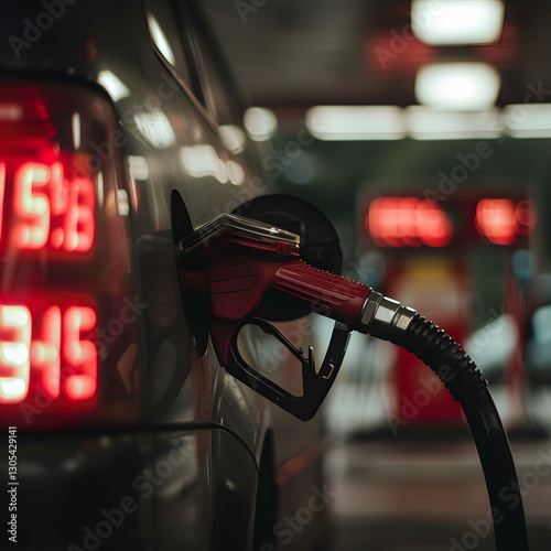 A close-up of a hand holding a fuel nozzle filling a car tank