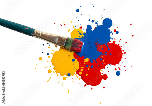 Colorful paint splashes with a paintbrush creating artistic designs on a black background for creative projects and art supplies
