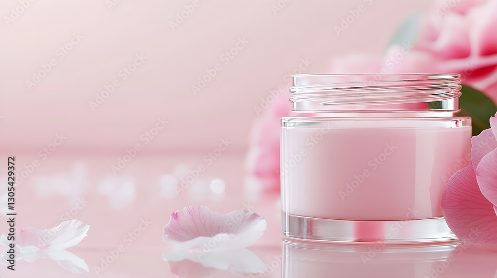 Elegant Pink Cream Jar Surrounded by Petals and Flowers Elegant Pink Cream Jar Surrounded by Petals and Flowers