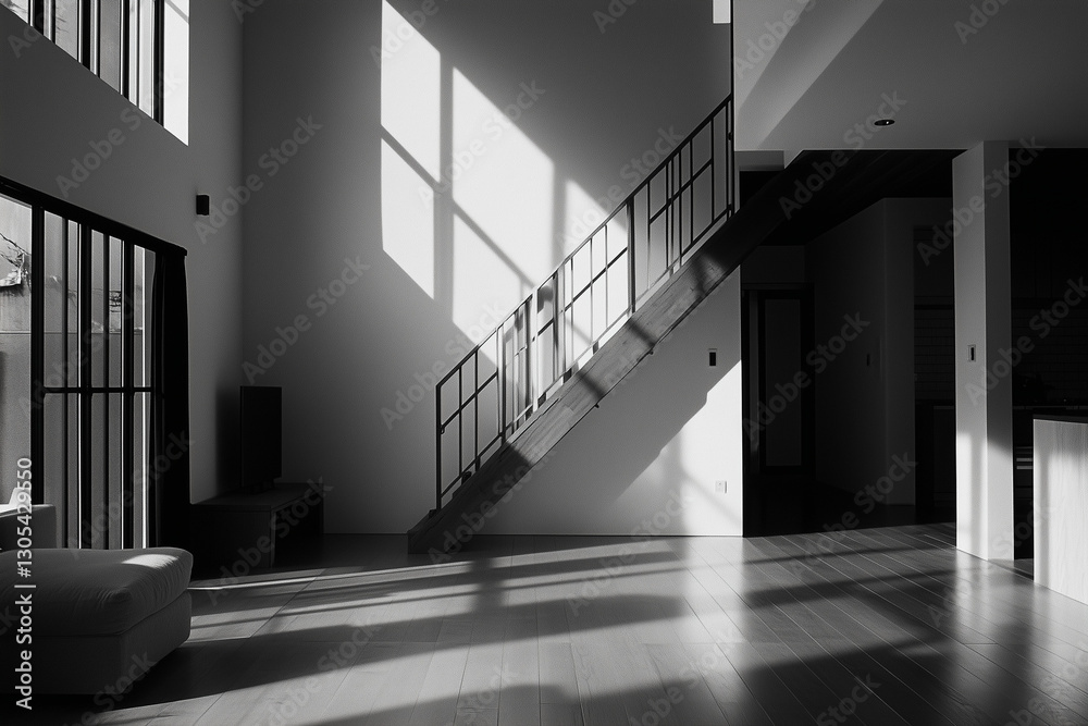 Black & White Minimalist Staircase with Strong Light and Shadow Play