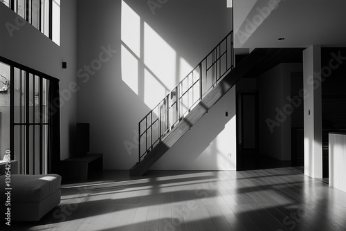Obraz na płótnie Black & White Minimalist Staircase with Strong Light and Shadow Play
w salonie