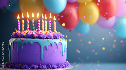birthday party balloons, colourful balloons background and birthday cake with candles	