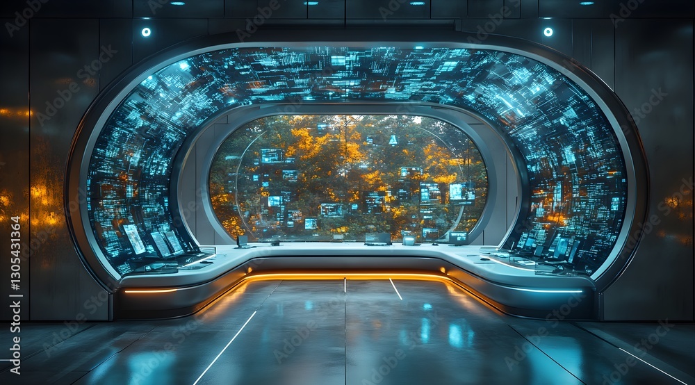 Futuristic Office with Floating Workstations Surrounded by Holographic Screens Futuristic Office with Floating Workstations Surrounded by Holographic Screens