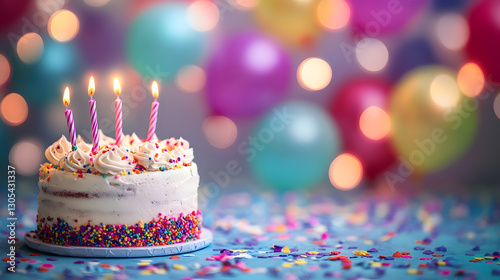 birthday party balloons, colourful balloons background and birthday cake with candles	