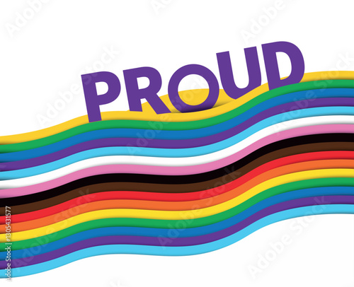 Intersex Progress Pride flag wave with Text PROUD. New LGBTQ Pride Flag. New  Updated Intersex Inclusive Progress Pride Flag. Banner Flag for LGBT, LGBTQ or LGBTQIA plus Pride. Vector illustration
