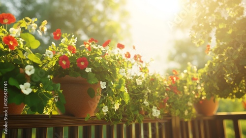 Colorful potted flowers brighten a sunlit balcony