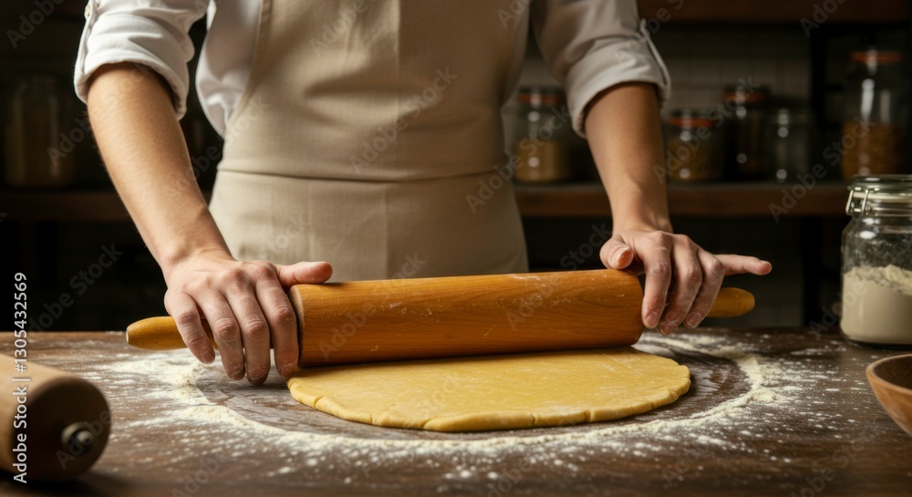 Baker Rolling Dough in Kitchen Baker Rolling Dough in Kitchen
