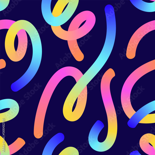 Seamless pattern with colorful gradient swirls and ribbons on a dark background