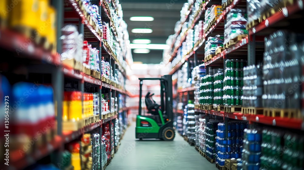 Retail warehouse full of shelves with goods in cartons, with pallets and forklifts. Logistics and transportation blurred background. Product distribution center. Retail warehouse full of shelves with goods in cartons, with pallets and forklifts. Logistics and transportation blurred background. Product distribution center.