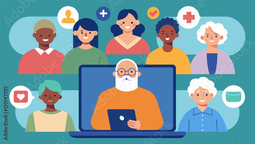 In a virtual meeting seniors from different parts of the country come together to discuss how to advocate for improved access to healthcare and affordable medication for the. Vector illustration
