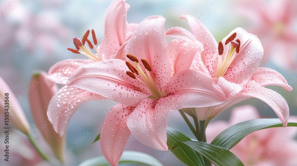 Fototapeta premium Delicate Pink Lilies with Dew Drops