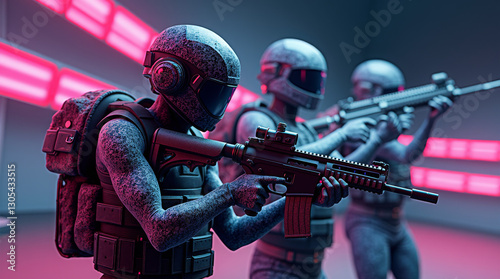 Generative AI Cyberpunk Squad, Futuristic Warriors, Neon Combat soldiers futuristic cyberpunk tactical gear rifles neon lights helmets visors backpacks room future action protection defense photo