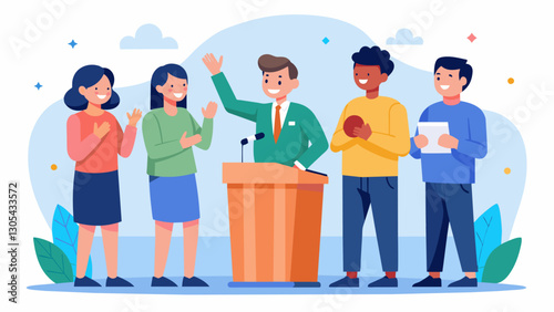 With confidence and determination the team presents a mock debate to their fellow classmates garnering applause and constructive feedback.. Vector illustration