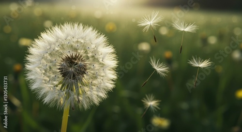 Dandelion Seeds Flying, Meadow Sunset