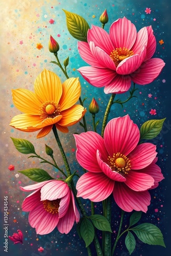 Bold brushstrokes create vibrant, abstract floral forms on textured canvas , strokes, shade