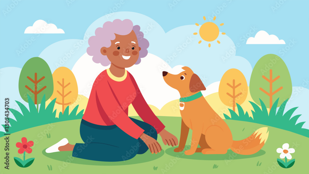 Sitting in a sunny garden a senior woman giggles as a playful therapy dog bounces around her instantly lifting her spirits.. Vector illustration Sitting in a sunny garden a senior woman giggles as a playful therapy dog bounces around her instantly lifting her spirits.. Vector illustration