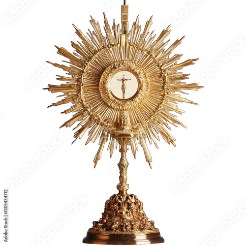 Golden ornate monstrance, Baroque religious artifact, Sunburst design, Catholic eucharistic vessel, Intricate metalwork.