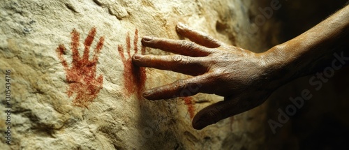 A hand reaches out to ancient cave art, connecting past and present through touch. photo