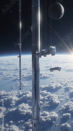 Fototapeta Naklejka Na Ścianę i Meble -  Generative AI Space Elevator Above Clouds, Distant Planet space elevator future science fiction technology clouds planet space station space structure innovation progress innovation