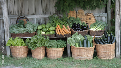 Fresh Organic Vegetables at Rustic Stand - Farm Fresh Produce in Wicker Baskets | Photo