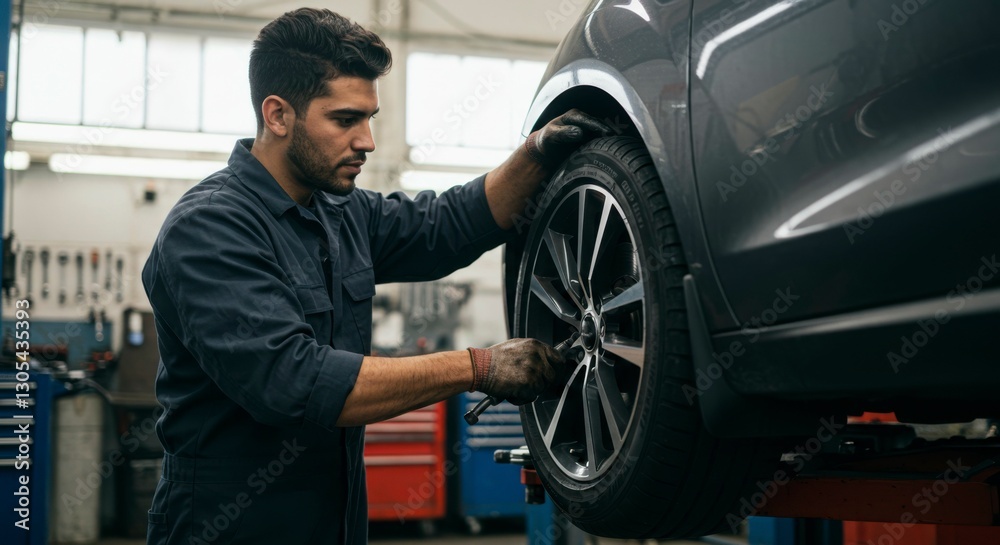Mechanic Changing Tire in Garage Mechanic Changing Tire in Garage