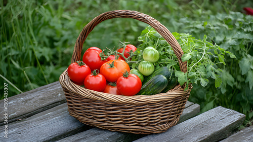 Fresh Organic Vegetables in Wicker Basket on Wooden Table - Farm Harvest Concept Photo