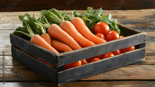 Fresh Organic Vegetables in Rustic Wooden Crate on Wooden Surface