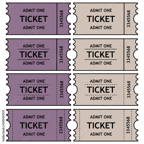 A set of colored (brown and purple) tickets . Retro ticket design template. Tickets for cinema, movie, circus, carnival, film, festival, etc.
