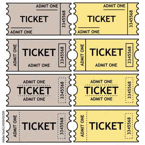 A set of colored (brown and yellow) tickets . Retro ticket design template. Tickets for cinema, movie, circus, carnival, film, festival, etc.
