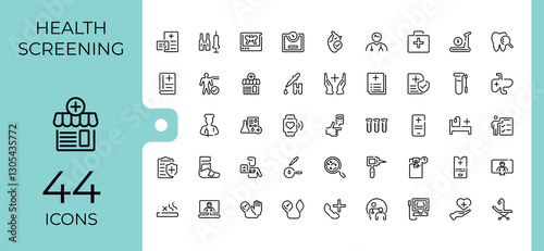 Health Screening line icon. It contains symbols to insurance, pressure, art, diagnosis, hospital, doctor, recover, laboratory. Outline icon collection. Editable stroke. Vector illustration.