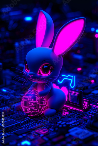 Neon cyberpunk bunny holding glowing digital egg. Futuristic Easter bunny with high-tech egg on circuit board