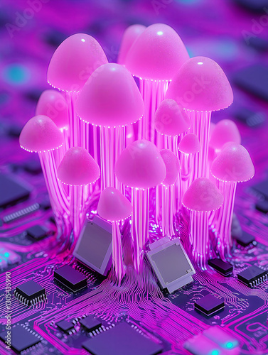 Glowing cyberpunk mushrooms growing on circuit board. Neon tech fungi in futuristic electronic world