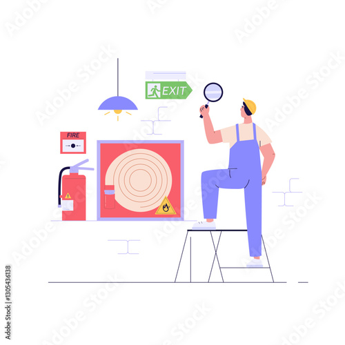 Fire safety control vector illustration. Firefighter inspector checking firefighter equipment, fire extinguisher box, alarm system. Concept of fire fighter inspection checklist, alarm system button