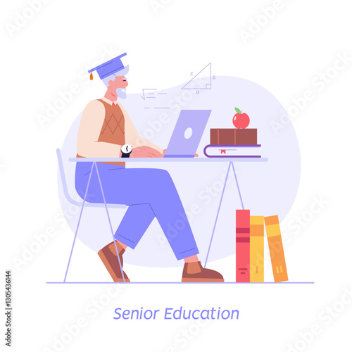 Senior education illustration. Old man learning online with books. Older person study for new job. Old people using laptop. Online study for seniors. Concept of additional studying. Vector design