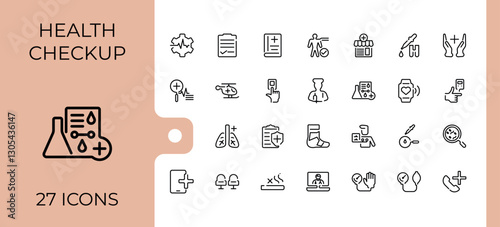 Health Screening line icon. It contains symbols to insurance, pressure, art, diagnosis, hospital, doctor, recover, laboratory. Outline icon collection. Editable stroke. Vector illustration.