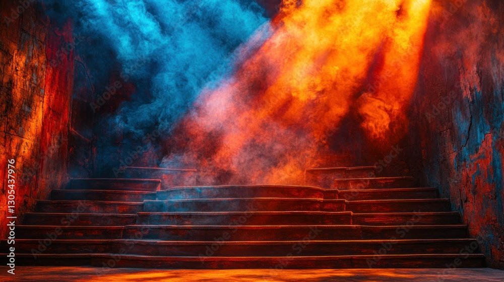 Fototapeta premium Dramatic stage steps with vibrant smoke