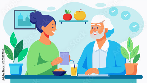 Sitting in a cozy office a nutritionist and her elderly client discuss the importance of hydration and ways to incorporate more waterrich foods into daily meals for overall. Vector illustration