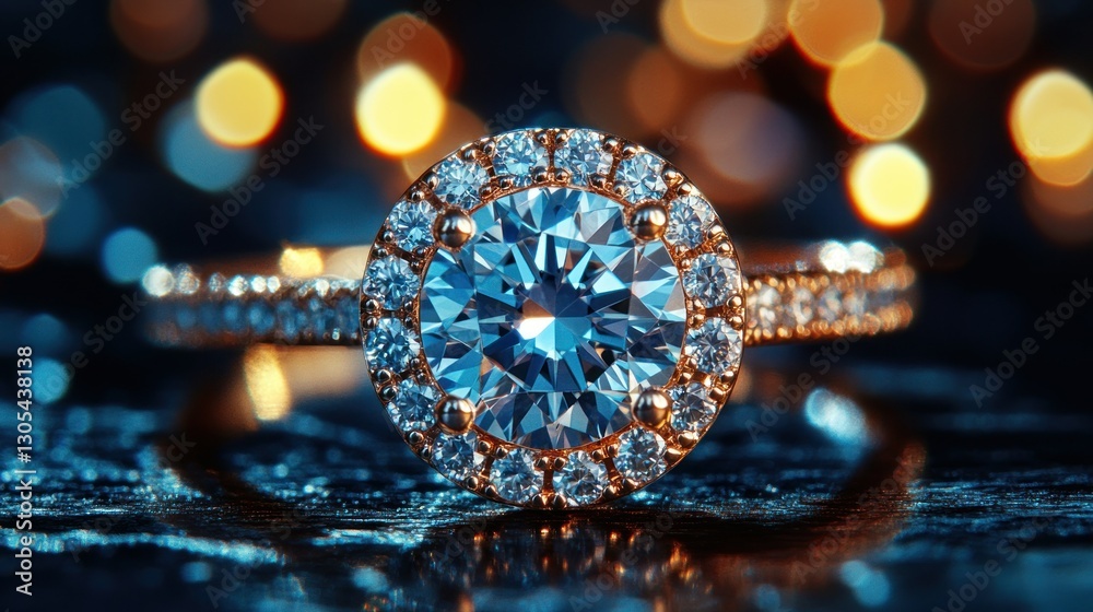 Fototapeta premium Diamond halo ring, close-up, bokeh background