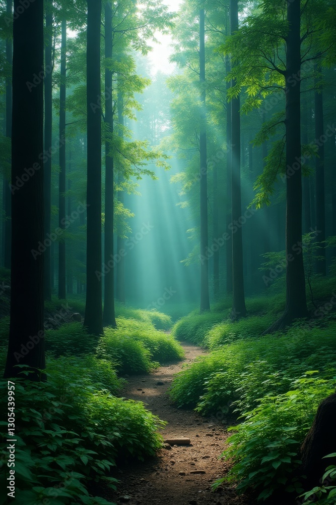 Naklejka premium Generative AI Sunlit Forest Trail, Peaceful Nature Scene forest trail path trees sunlight green nature woods foliage dirt path peace tranquility adventure escape serenity - Drive