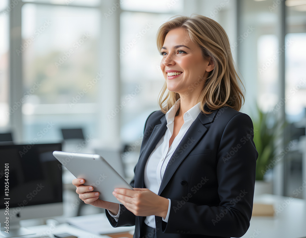 woman bank manager, older happy female executive or lady entrepreneur holding digital tablet pad standing in office at work woman bank manager, older happy female executive or lady entrepreneur holding digital tablet pad standing in office at work
