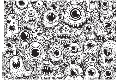 Coloring page. Funny Monsters Seamless Pattern. Black and White Coloring Page Vector