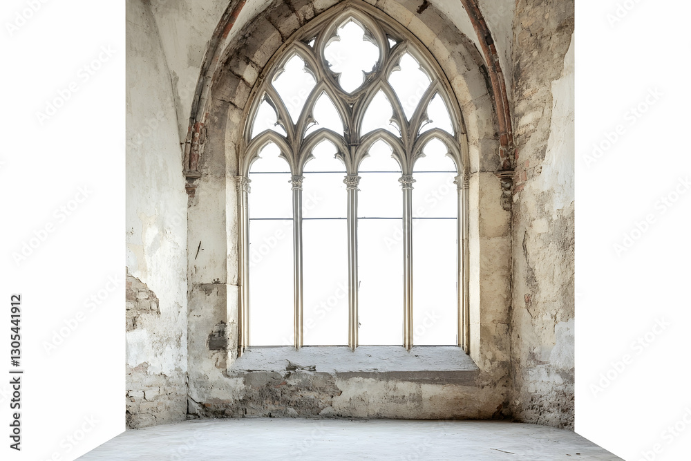 Gothic arched window in castle hall setting Gothic arched window in castle hall setting