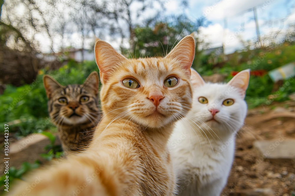 Generative AI image of a playful cat taking a selfie outdoors Generative AI image of a playful cat taking a selfie outdoors