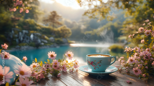 Fototapeta Naklejka Na Ścianę i Meble -  Traditional turkish coffee cup, The mug with an oriental pattern in a sunny summer day with exotic sea background.